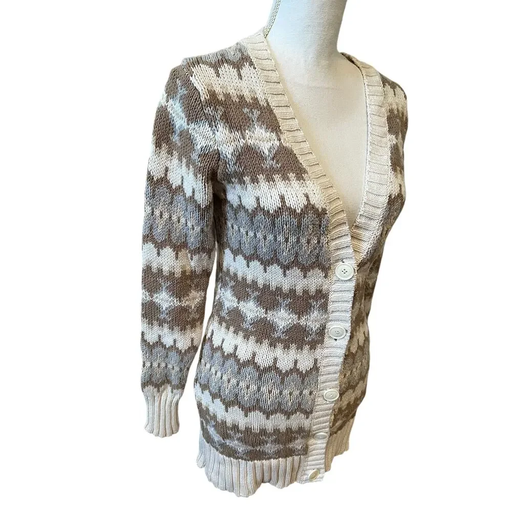 Bass Soft Cocoon Long Cardigan Sweater Ivory Taupe Print